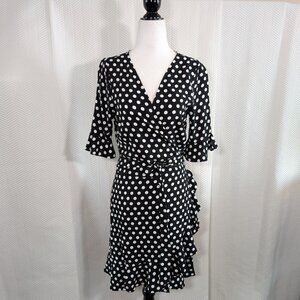 Elodie Black & White Polka Dot Wrap Dress Ruffle Trim Size Medium Feminine